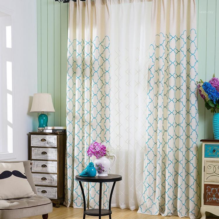 

2020 Square Diagram White Blue Curtains Lantern Geometry Curtain Cotton Cloth Cortinas Window Curtain for Living Room Bed Room1, Voile curtain