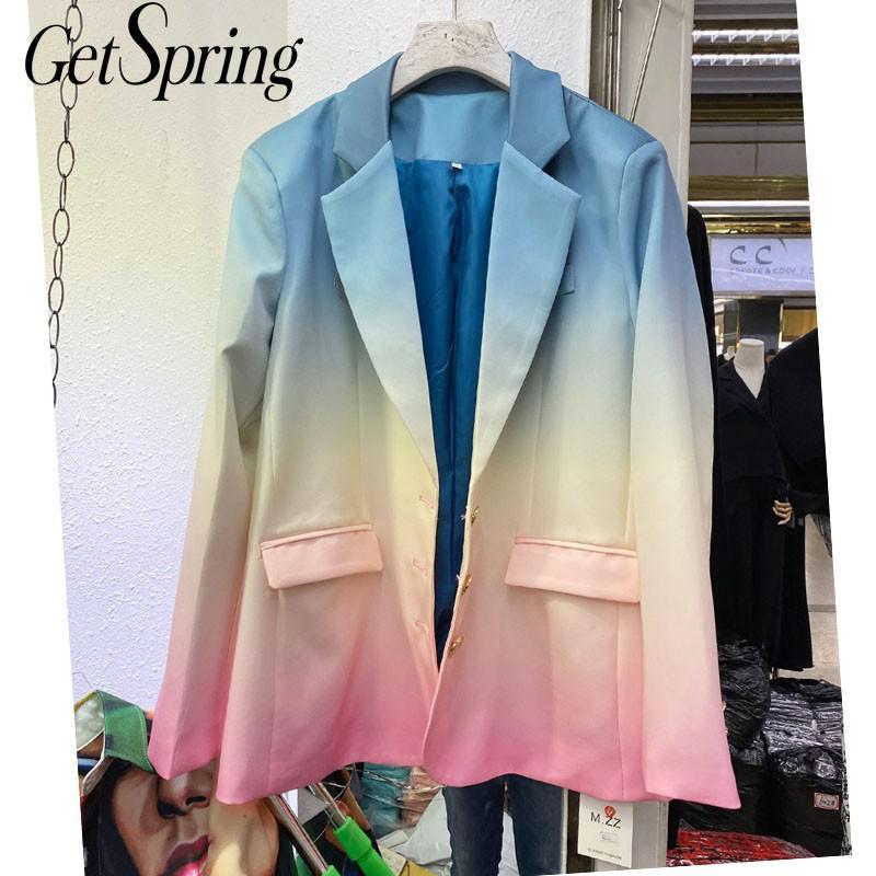 

GetSpring Women Blazer Gradient Rainbow Color Ladies Blazer Coat Single Breasted Long Sleeve Loose Women' Suit Jacket Autumn, As picture