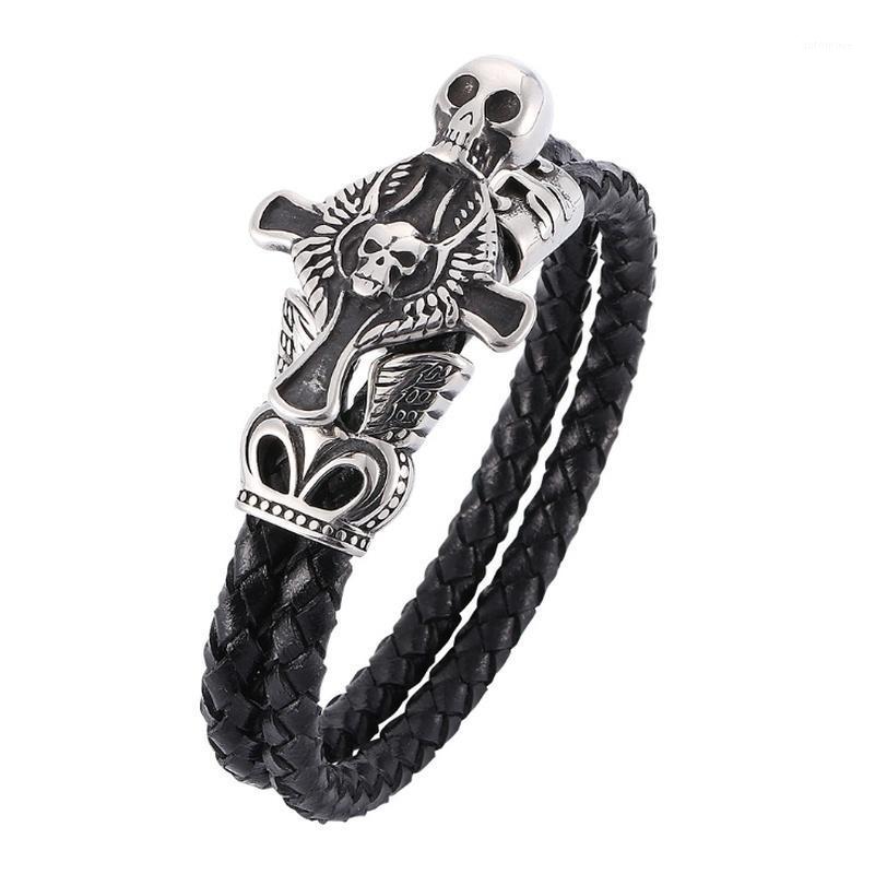 

Punk Men's Leather Men's Braided Skull Cross Double Loop Braided Rope Cross Skull Bracelet1