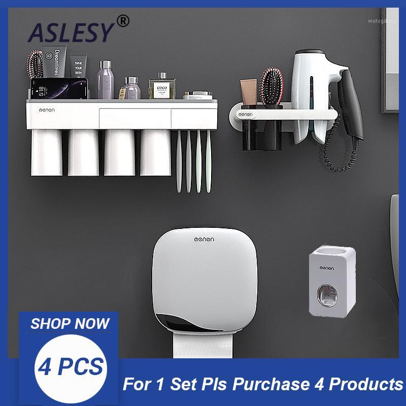 

Toothbrush Holder Wall Mounted Automatic Toothpaste Dispenser Storage Rack Hair Dryer Holder Tissue Box Bathroom Accessories Set1