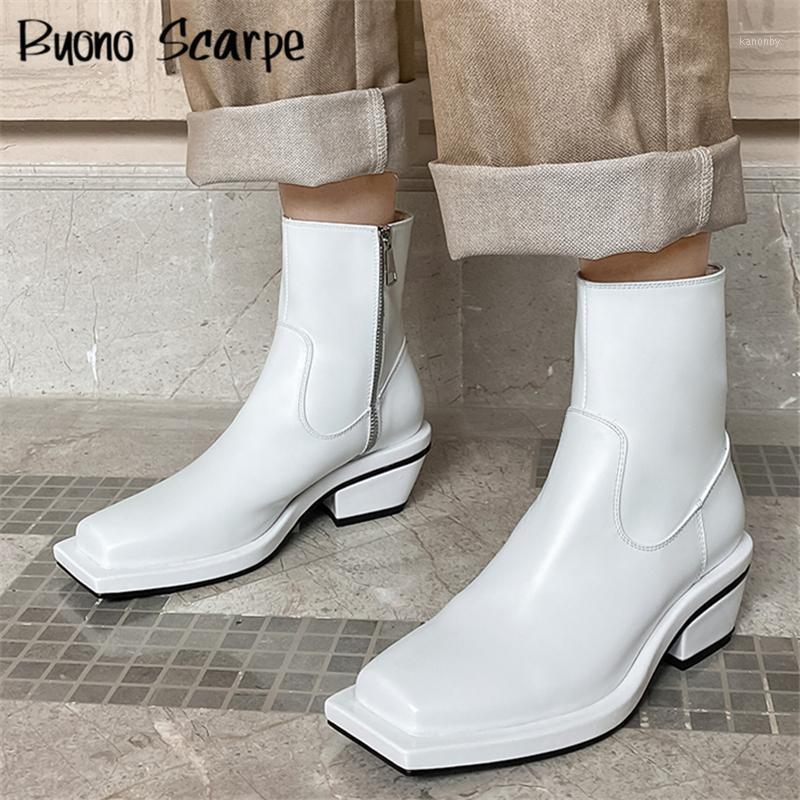 

Square Toe Blue White Ankle Boots Genuine Leather Chunky High Heel Short Boots Leather Female Zipper Shoes Casual Western Shoes1