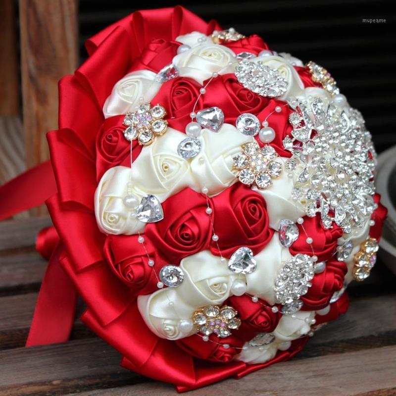 

Wedding Bouquet Bridal Burgundy Sation Bridesmaid Hand Hold Fower Rose Artificial Flowers Bouquet Crystal de noiva W0011, Silver