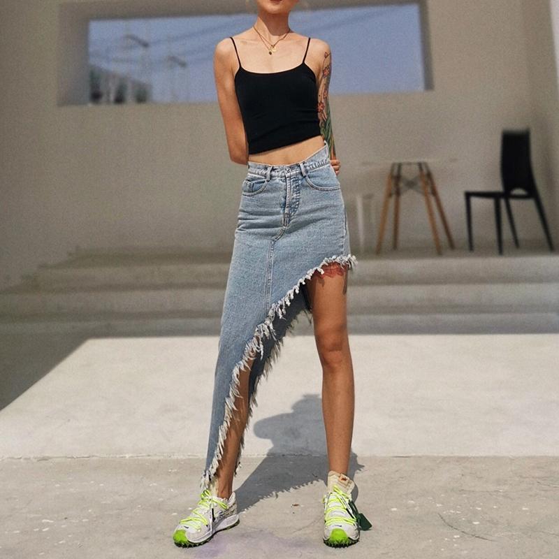 

2021 Rushed Skirts Faldas Mujer Women' Mid-length Skirt A High-waist Irregular Beveled Side Was Thin One-step Casual Women, Sky blue