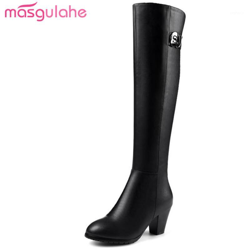 

Masgulahe over the knee boots female round toe genuine leather boots woman zipper winter womens shoes large size 34-421, Black