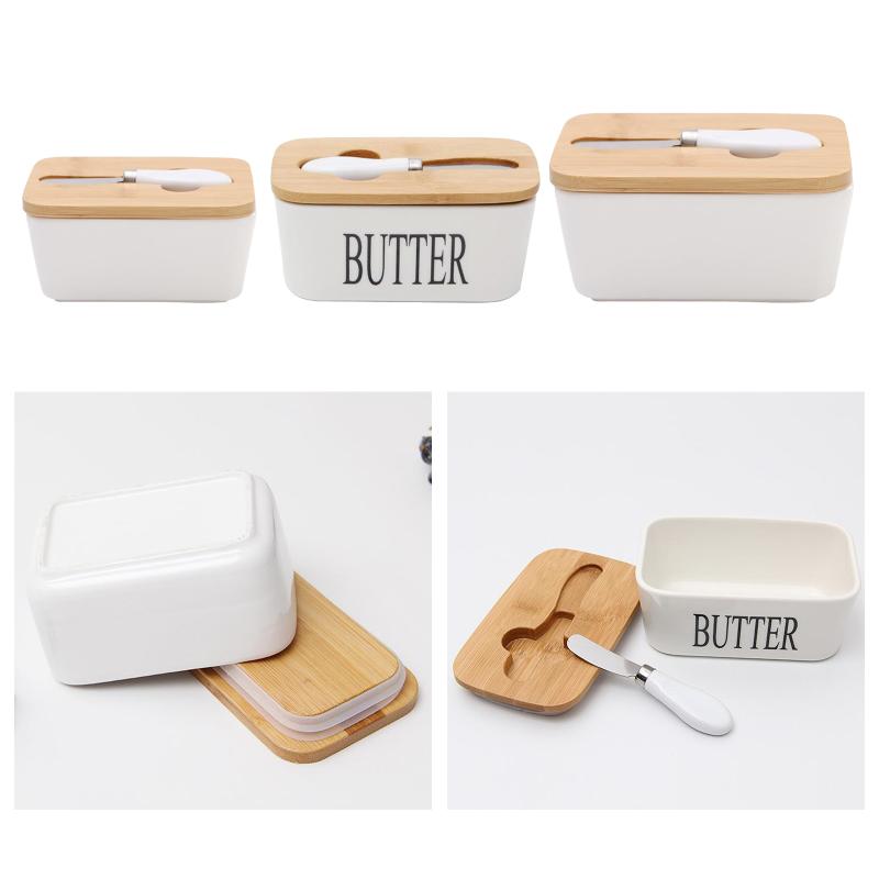 

Ceramic Butter Dish Porcelain Butter Holder Box with Wooden Lid Steel Knife