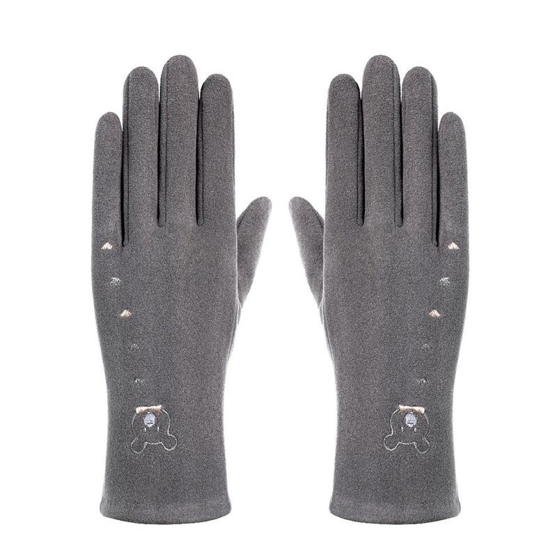 

Five Fingers Gloves Elegant Women Touch Screen Winter Warm Cashmere Full Finger Cartoon Embroidery Ladies Mittens