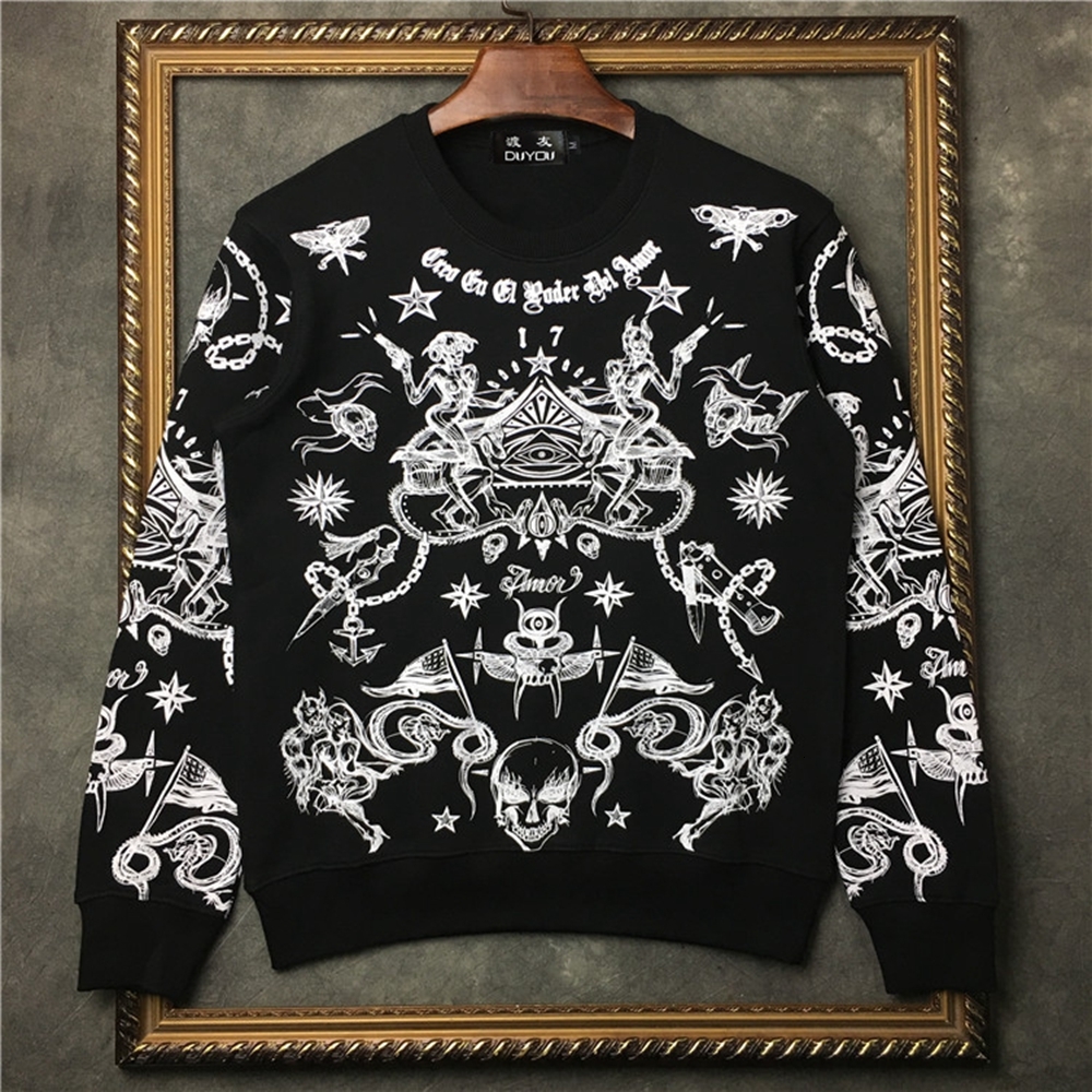 

New Warm Fleece Sweatshirt Men Clothing Round Neck 3d Sketch Pattern Hoodies Male Black Dy5649 Aep1