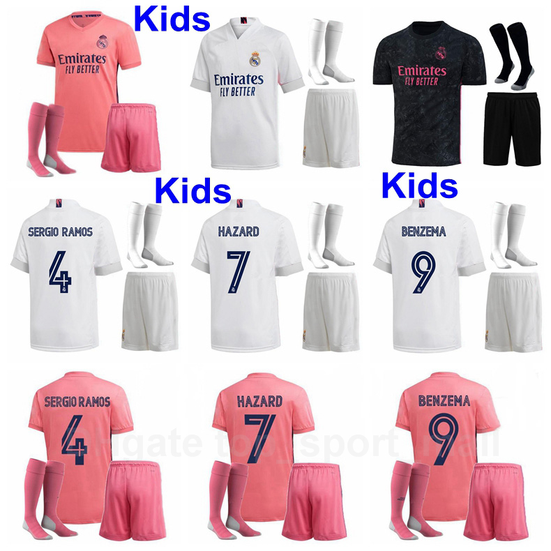 

Kids BENZEMA Youth Jersey Real Madrid Soccer Socks Set SERGIO RAMOS MODRIC KROOS VALVERDE CARVAJAL VINICIUS HAZARD Football Shirt Kits, Kids pink