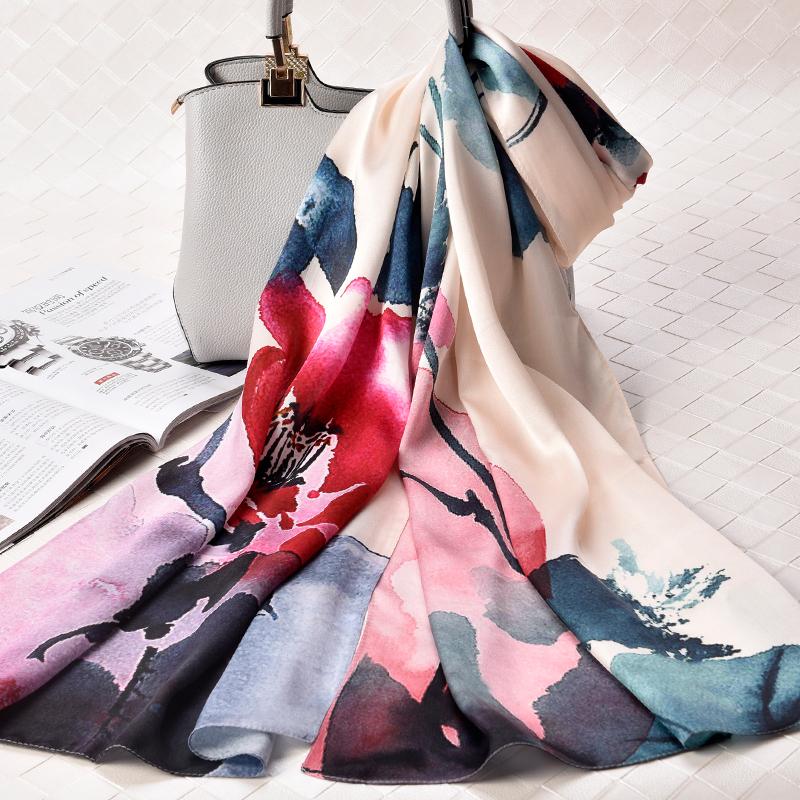 

2021 100% Pure Silk Scarf Women Hangzhou Real Silk Shawls and Wraps Foulard Femme Ink Style Printed Echarpe Wraps Scarves
