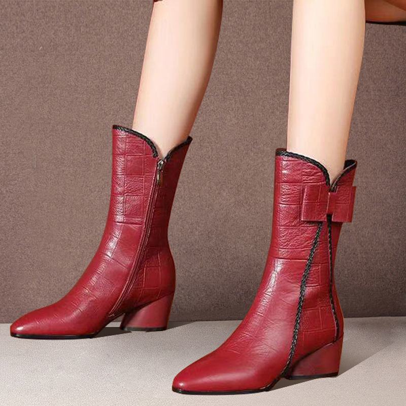 

New Fall 2021 Winter Mid Calf High Heels Women's Leather Boots Big -41 Zapatos Mujer J7D5, Red wine