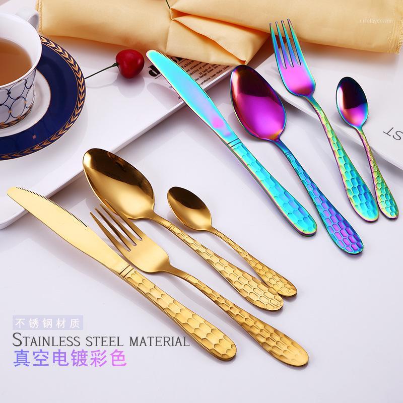 

4pcs set, colorful stainless steel hotel tableware, water drop design, knives tableware steak, dinner salad spoon and fork, gold1