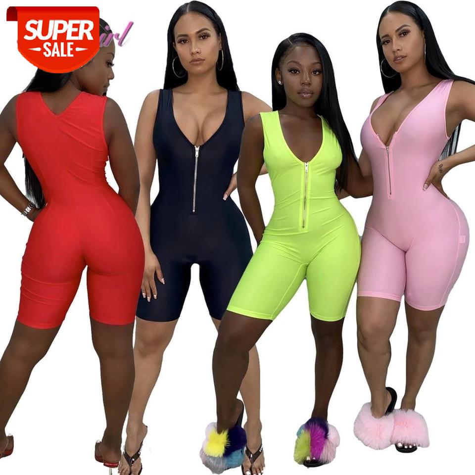 

Women Rompers Front Zipper V Neck Sleeveless Shorts Jumpsuit Summer One Piece Tracksuit Outfit Sport Playsuit Overalls Fitness #jT5P, Black;white
