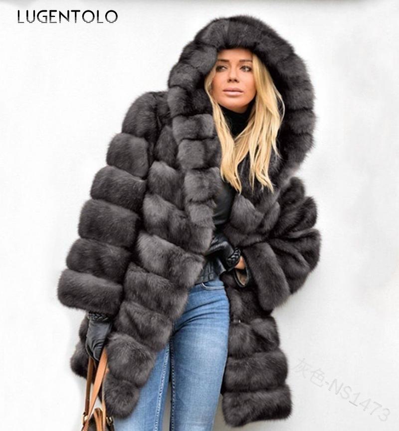 

Women Faux Fur Coat Winter Warm New Fashion Jacket Feamle Hooded Solid Loose Fluffy Casual Coats Faux Fur 5XL Lugentolo, Black