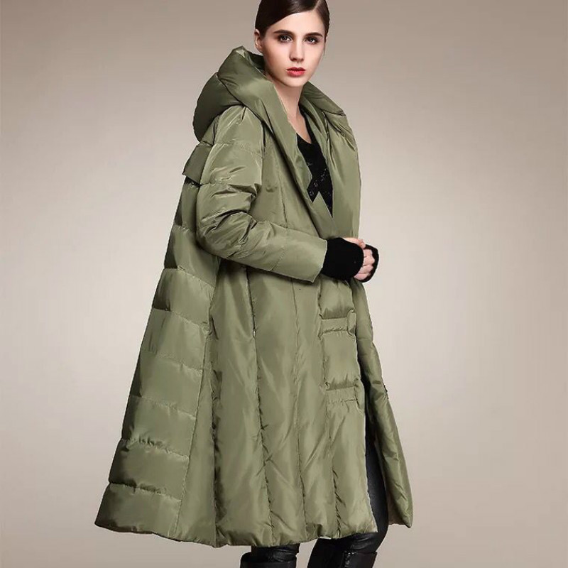 

New Winter Designer Engrosse Down Jacket for Long Women the Snow Button Line European Parke Women's Hot Hood Outerwear Gq5q, Army green.
