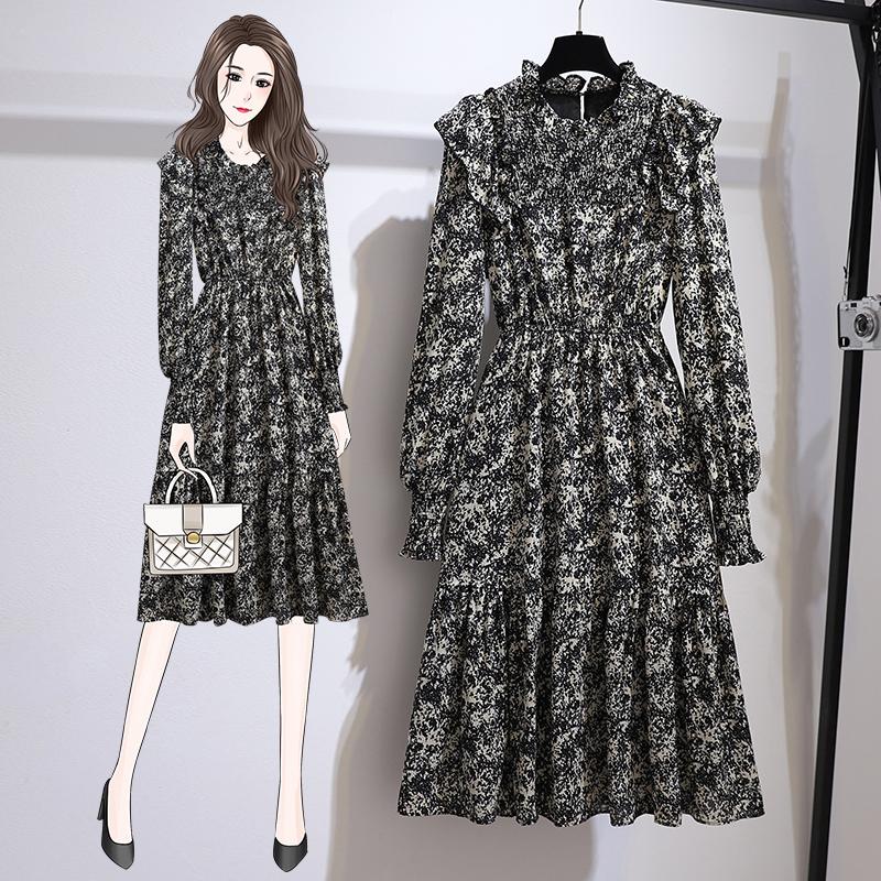 

Casual Dresses 2022 Autumn Dress Vintage Floral Women Large Size Women's Long-sleeved Temperament Long Vestido 16032, Black;gray