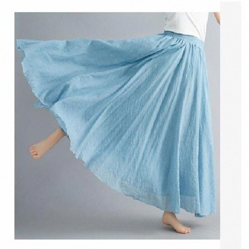 women bohemian cotton double layer elastic waist long maxi skirt light blue d4Rd#-image-755730050