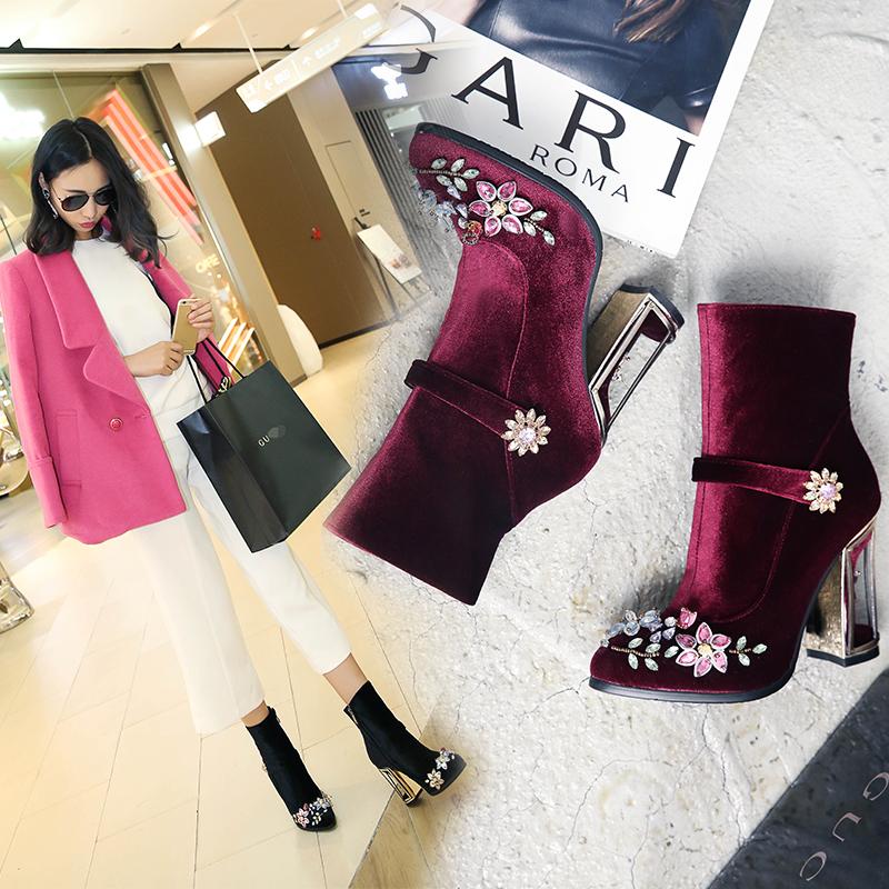 

Rhinestone flowers ladies boots wedding retro ladies and ankle boots bird cage high heels zipper velvet pointed female boo, Black