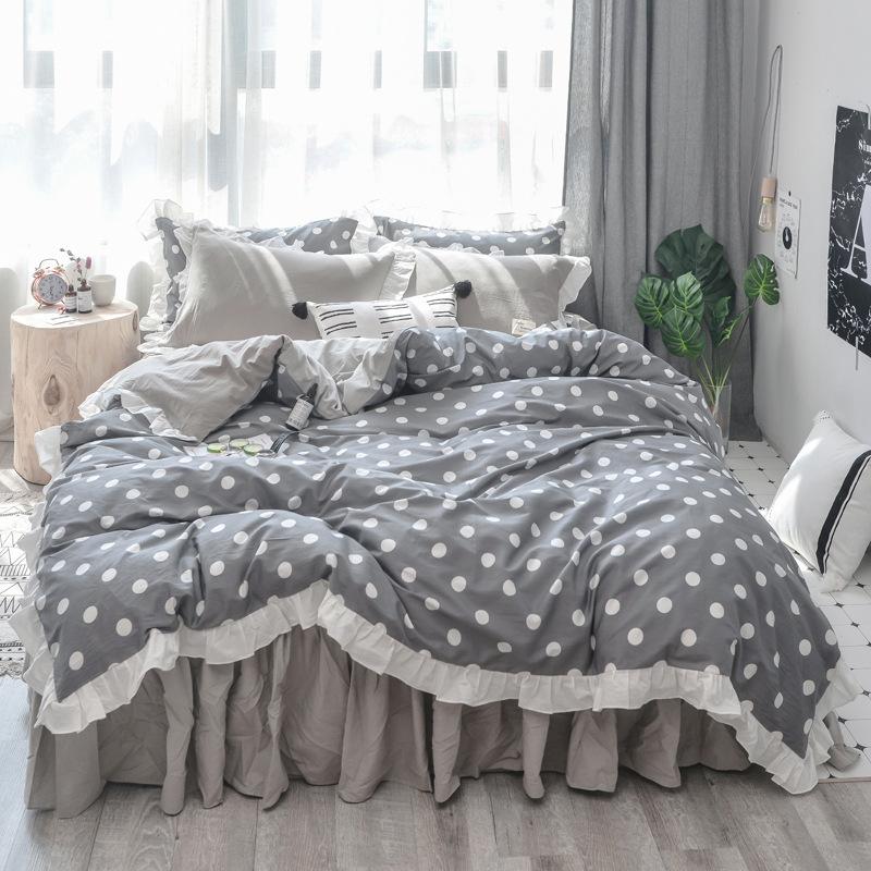 

Korean Style Ruffles Bedding Set 100% Washed Cotton Bed Set Summer Heart Duvet Cover Stripe Bed Linen Strawberry Grey White, Carrot yellow