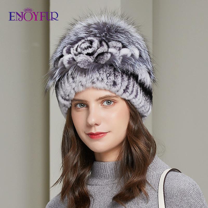 

ENJOYFUR Winter Women's Rex Fur Hats Real Fur Fashion Rose Floral Knit Bonnets Warm Windproof Female Elastic Beanies, 107