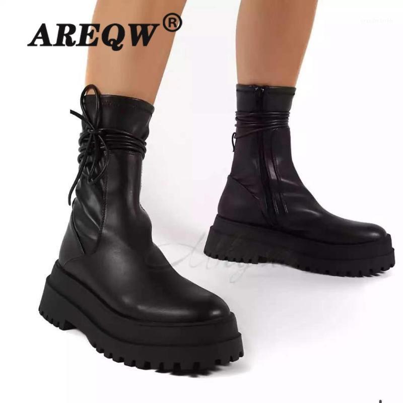 

Women Zip Boots Fashion Autumn High Top Sneakers Comfortable Leather Platform Winter Ankle Cross-tied Square Heel Botas Mujer1