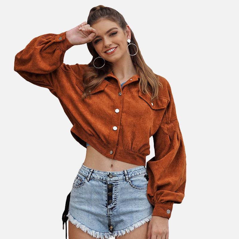 

Solid Corduroy Women Short Jacket Coat Turn Down Collar Single Breasted Female Crop Top Jackets Casual Fashion Lady Outerwear, Brown