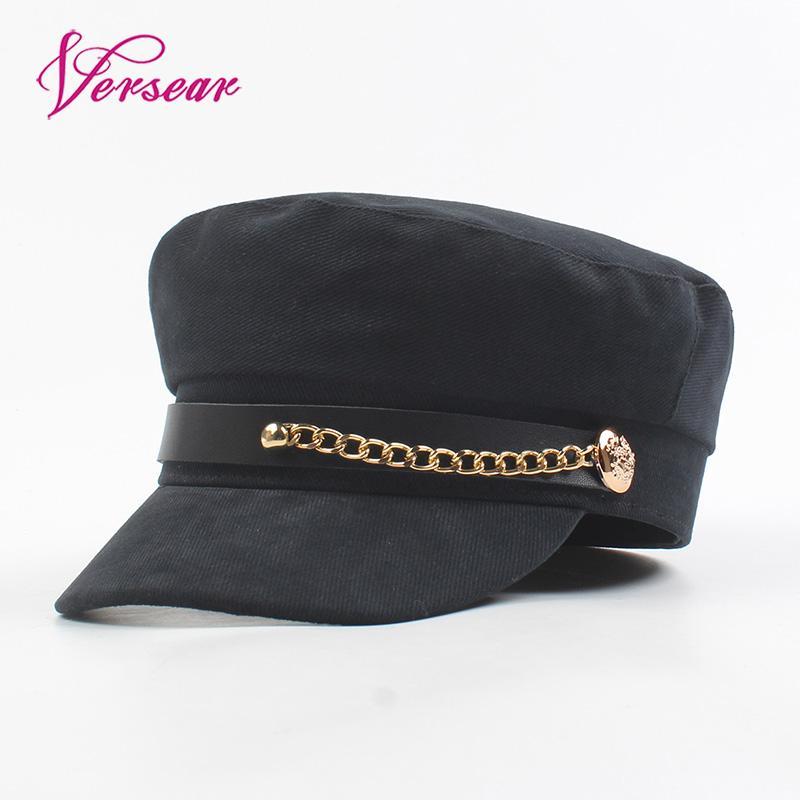

Versear Women Fashion Hat Beret Short Brim Chic Chain Decoration Flat Crown Solid Color Stylish Cool Army Cap Painter Cap, White