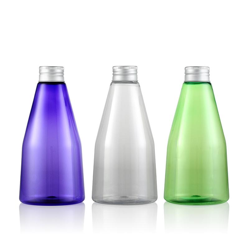 

cone tapered shape PET liquid bottle Refillable Cosmetic Container Shampoo Lotions 350ml PET Plastic Toiletry Cosmetic Bottle