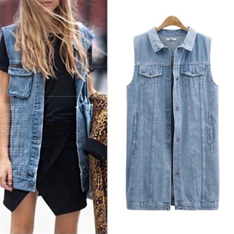 

Hodisytian Women Denim Vest Autumn Patchwork Jaqueta Coat Long Jeans Jacket Casual Outerwear Cardigans Casaco Female Plus Size 201110, Blue