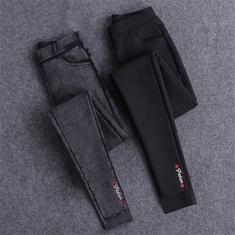 

Sexy Embroidery Solid Pencil Pants Women' Full Length Leggings High Waist Stretch Trousers Female Casual Wear Washed Black 201228, Thinw pureblack