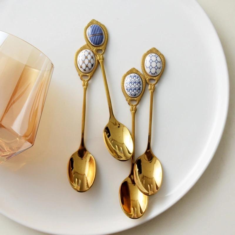 

4pcs/set stainless steel spoon set coffee scoop spoon ceramic and golden plated British gift on party/kitchen
