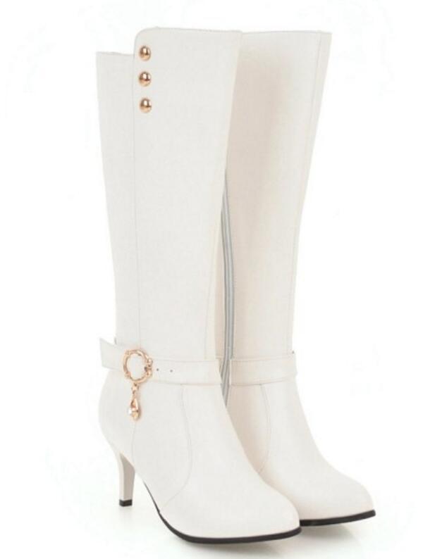 

Sapato Feminino Women Boots Knee High Woman Shoes Thin High Heels Crystal Rivets Booties Girls Gladiator Chaussures XZ181286, White