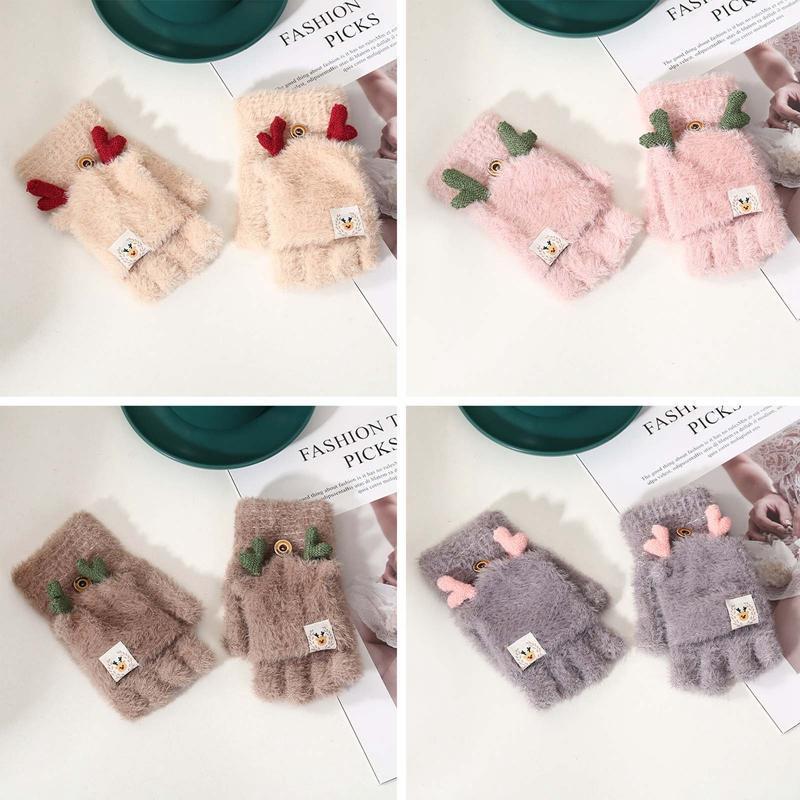 

Cute Antlers Double Layer Flip Half-finger Knitted Fingerless Gloves Winter Outdoor Cold And Warm Thickened Touch Screen Gloves1
