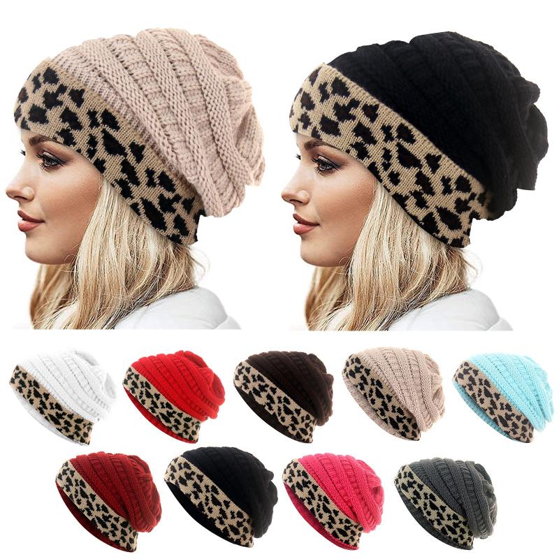 

Knitted Hat Women Winter Leopard Patchwork Hats for Women Ladies Outdoor Beanie Girls cap Bonnet Female Skiing Warm Woolen Hat