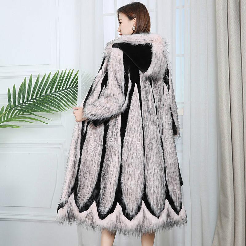 

2021 Winter Women Faux Fur Warm Faux Fur Hooded Contrast Female Warm Long Style Fake Lady Coat Casual Jacket Y154, Fenheipinse