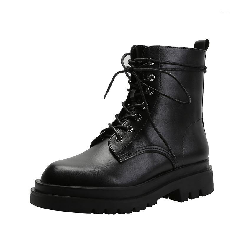 

Women's boots New winter 2021 boots with thick leather and thick soles and British style ankle1, In the black velvet