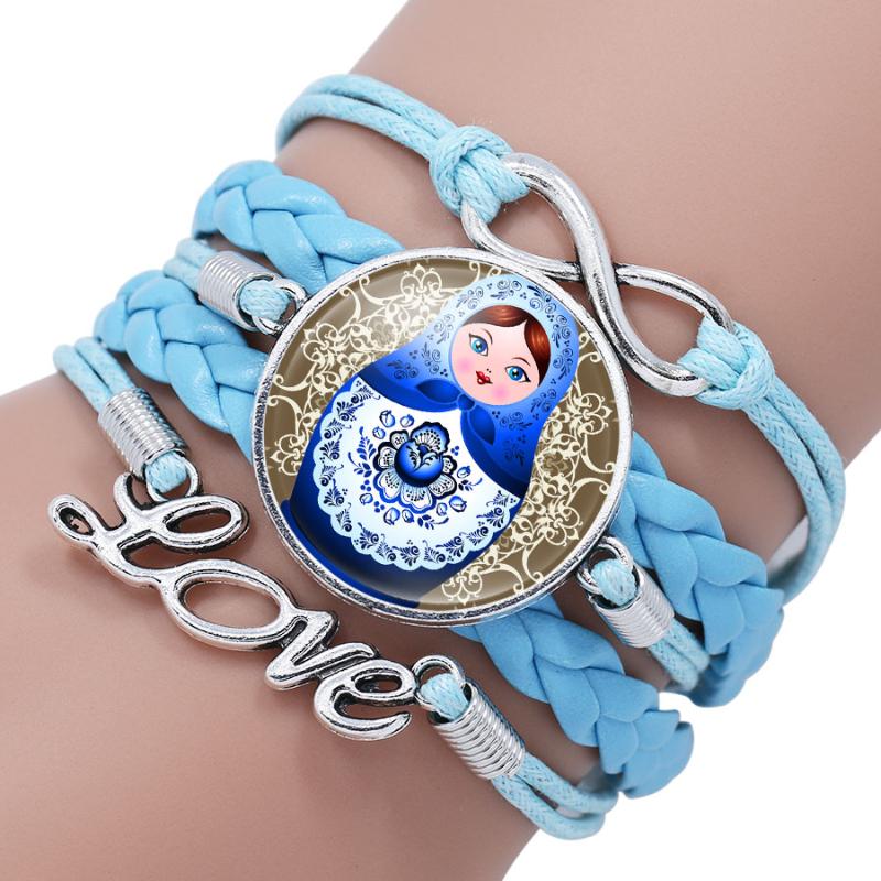 

Charm Bracelets Russian Matryoshka Babushka Nesting Dolls Picture Glass Cabochon Leather Bracelet Bangle For Girls