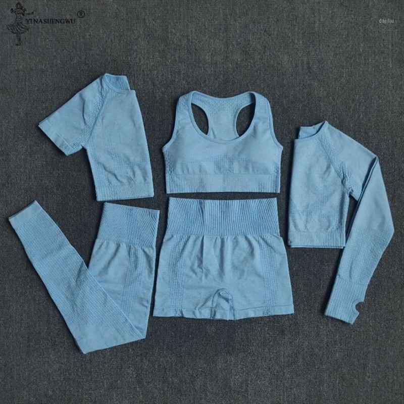 

2/3/5PCS Seamless Women Yoga Set Workout Sportswear Gym Clothing Fitness Long Sleeve Crop High Waist shorts Leggings Sports Suit1, Shirts shorts purple