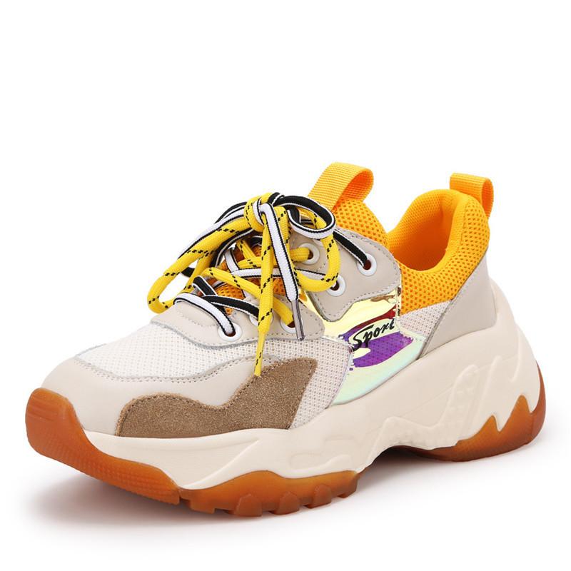 

New Women's Genuine Leather Thick-soled Lace-up Sneakers Fashion Comfortable Breathable Mesh Color Matching Luxury Casual Shoes, Orange