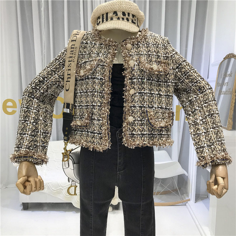

Hot Sale Korean New spring tweed coat Women Buttons Pockets Tweed Jackets Tassel Plaid Coats Female Autumn short metal jacket, Brown