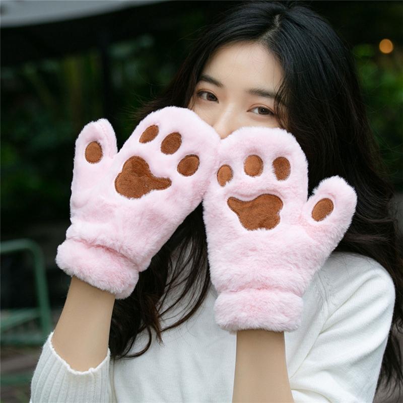 

Women Student Winter Fuzzy Plush Full Finger Gloves Cute Cartoon Cat Solid Color Outdoor Windproof Snow Ski Mittens