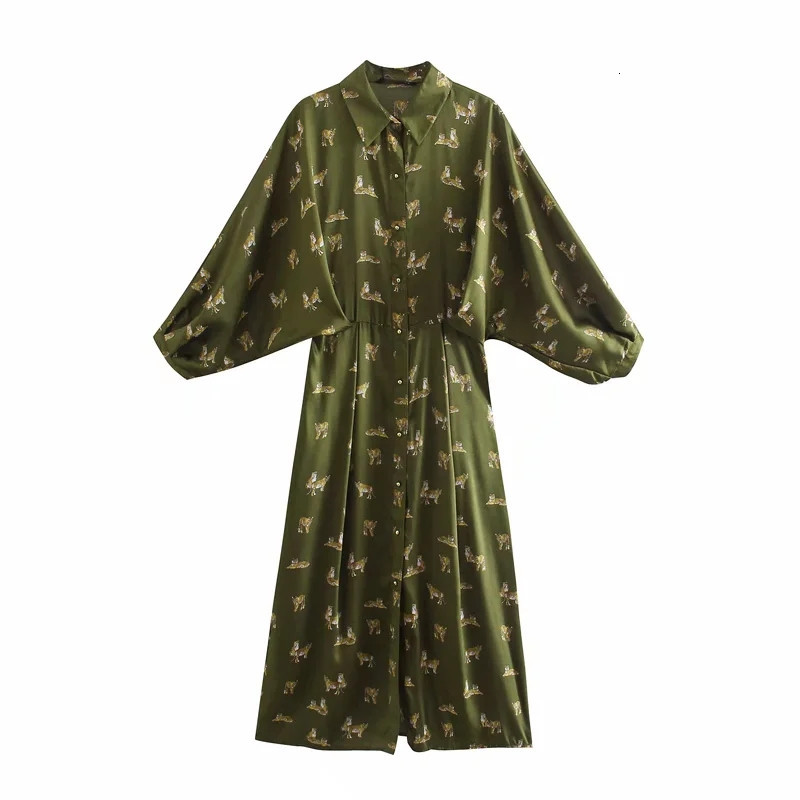 

New Women Green Tiger Print Long Shirt Dress Woman 2021 Chic Button Puff Sleeve Party Female Casual Dresses Dkx4