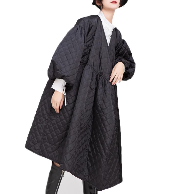 

2021 Autumn and Winter New Cotton Coat Jacket Retro Lantern Sleeves Rhombus Embossed Long Style Korean Fashion Cotton Coat Women, Black