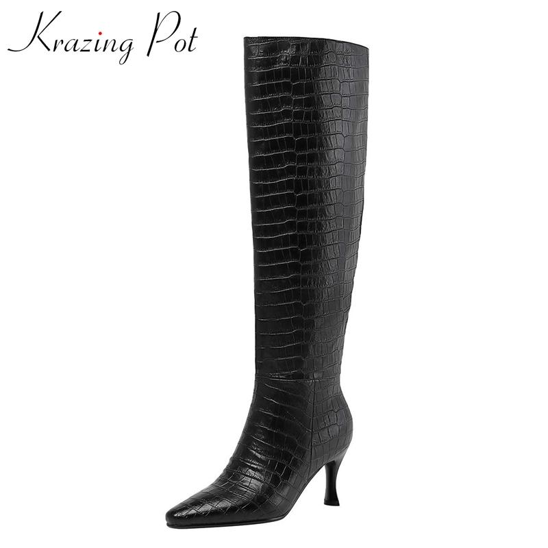 

Krazing Pot 2021 hot sale riding boots stone pattern nightclub streetwear square toe thin high heel slip on knee-high boots L0f2, Black