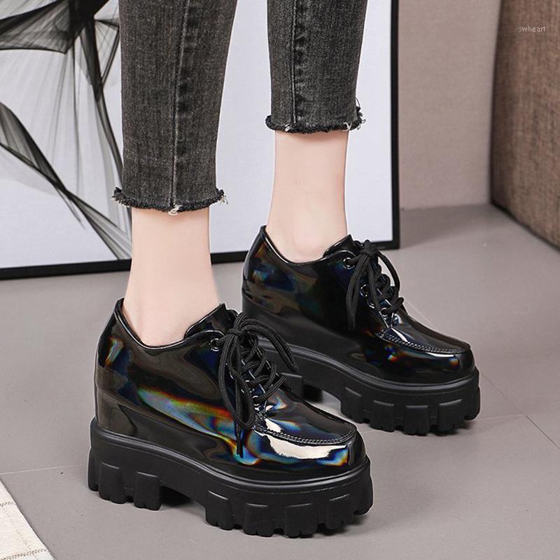 

Autumn Winter Patent Leather Ankle Boots Women Lace Up Chunky Platform Boots Woman Thick Sole Height Increasing Shoes1, Black
