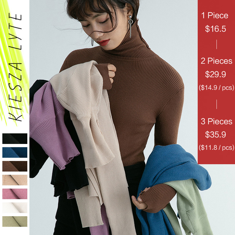 

Women Turtleneck Pullovers Shirt Solid Color Slit Hiver Winter Korean Slim-fit Tight Stretch Sweaters Female Basic Tops 201130, Apricot