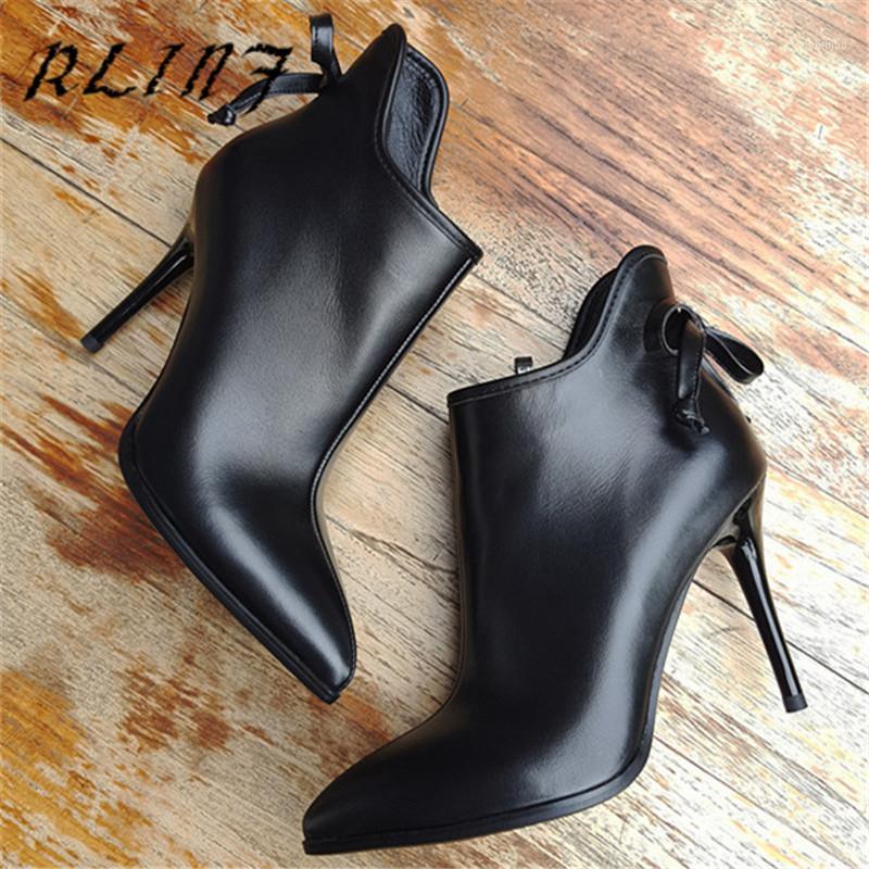 

RLINF Autumn Winter New Short Boots First Layer Leather Pointed High-heeled Bow Leather Boots Ankle for Women1, Black