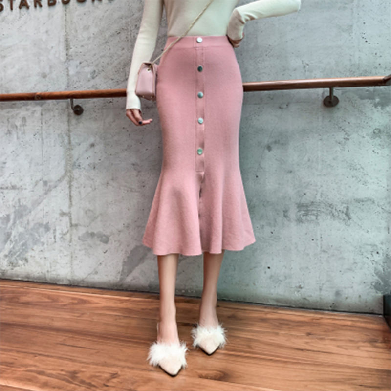 

New women 2021 Autumn winter sweater knitted female thin ladies tall single breasted skirt y325 HYKJ, Apricot