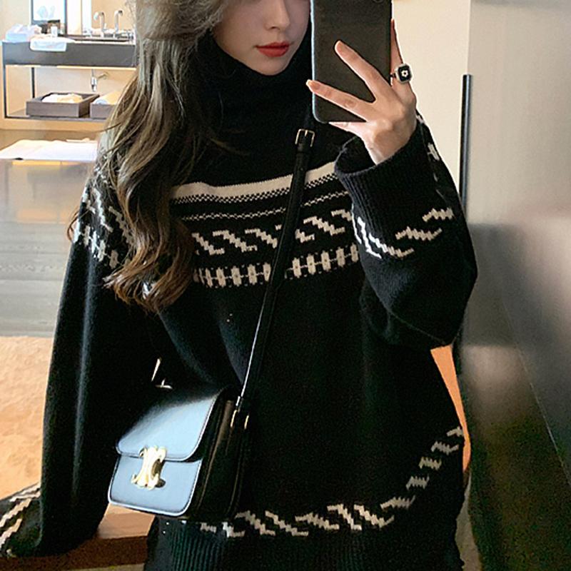 

Alien Kitty 2021 Elegant Women Pullovers Knitted Turtleneck Sweater Chic Thick Warm Long Sleeve Female Casual Loose Tops, Photo color