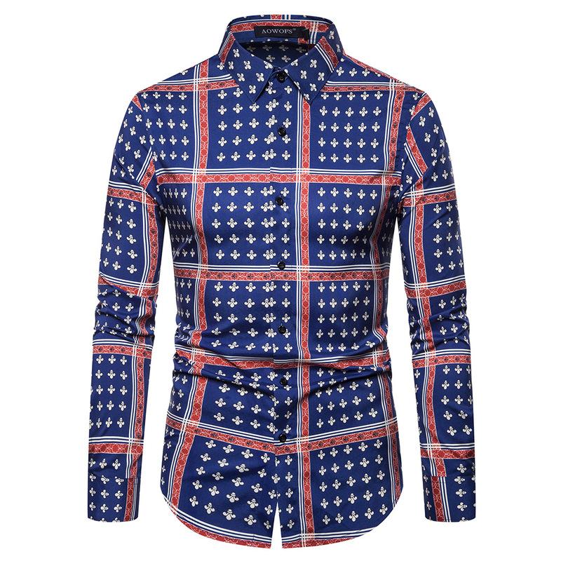 

European Size Mens Shirts Mens Autumn Fashion Casual Slim Plaid Print Long Sleeve Shirts High Quality Brand 2XL, Blue