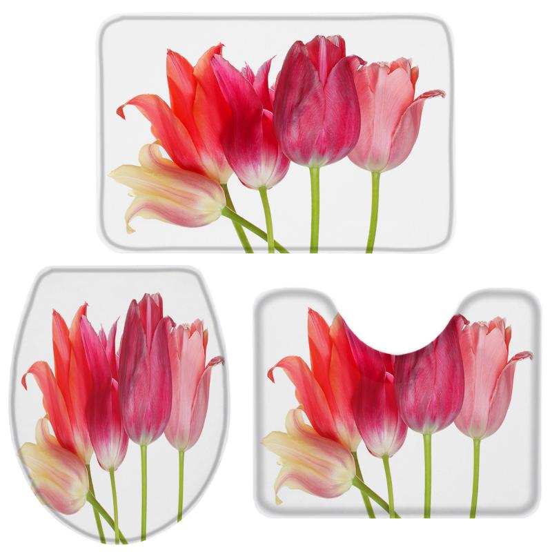

Tulips Red Flower Bathroom Set Toilet Cover Mat Pedestal Rug Non-Slip Bathroom Accessories Set Home Doormat